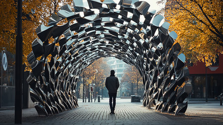 A man walks away from the viewer through a tunnel-like sculpture made of reflective metal pieces, set in an urban environment with autumn foliage and buildings in the background.の素材