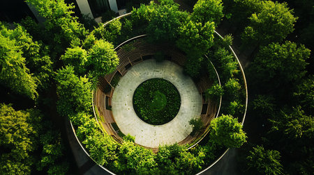 High-angle shot showcasing a circular garden with vibrant green trees, a stone walkway, and modern architectural elements, creating a serene and visually appealing urban oasis.の素材