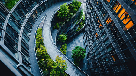High-angle view of modern buildings with curved walkways and vibrant greenery. The composition highlights the interplay between architecture and nature in an urban setting.の素材
