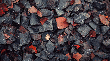 A close-up, abstract view of dark gray slate shards interspersed with red fragments. The rocks feature a speckled texture, creating a visually intriguing pattern.の素材