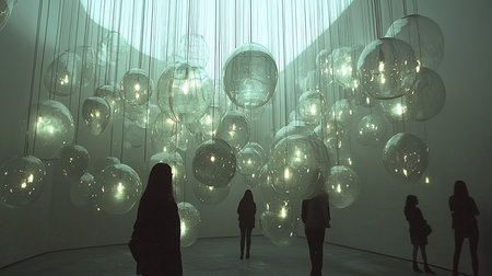 Silhouetted figures stand in awe beneath a mesmerizing art installation of illuminated, suspended spheres, creating a dreamlike atmosphere within a contemporary gallery space.の素材
