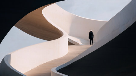 A lone figure in a dark suit ascends a winding, minimalist staircase. The architecture features smooth, white curves and wooden steps, creating a sense of isolation and journey.の素材