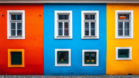 A vibrant facade featuring orange, blue, and yellow buildings with contrasting window frames. The composition highlights the colorful architecture and cobblestone street below.の素材