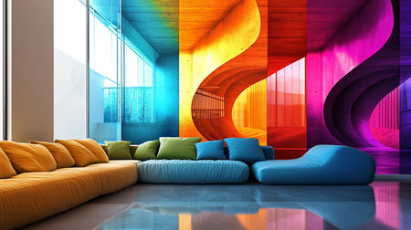 Modern interior featuring a sectional sofa with colorful pillows against a backdrop of rainbow-colored concrete architecture and a reflective floor. The scene evokes a sense of contemporary design.の素材