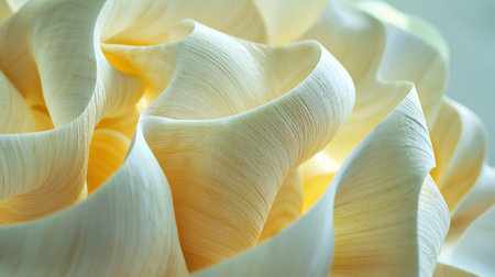 A macro shot of abstract, swirling shapes with a delicate, textured surface. Pale yellow tones and soft lighting create a serene and elegant visual.の素材