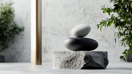 A serene still life featuring balanced black and white stones on a textured gray block, complemented by greenery and soft, diffused lighting, creating a calming, minimalist aesthetic.の素材