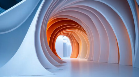 Abstract architectural tunnel featuring a series of curved white structures, illuminated with warm orange tones transitioning to cool blue hues, creating a sense of depth and perspective.の素材