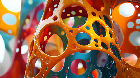 A vibrant abstract sculpture featuring interconnected, glossy structures with circular cutouts.の素材