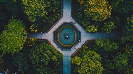 High-angle shot of an octagonal fountain with stone paths radiating outwards, surrounded by dense, vibrant greenery. The composition creates a symmetrical, geometric pattern.の素材