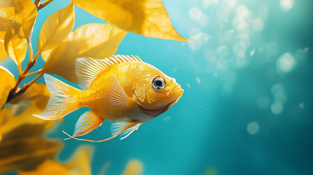 A golden fish swims gracefully through clear blue water, surrounded by vibrant yellow foliage. The scene is serene, with bokeh lights adding a touch of magic.の素材