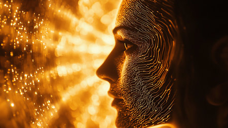 A woman's profile is overlaid with golden circuitry patterns, illuminated by bokeh lights, creating a futuristic, technological, and ethereal mood.の素材