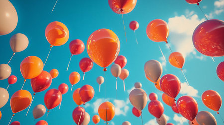 A vibrant collection of red, orange, and beige balloons floats upwards against a clear blue sky, creating a festive and cheerful atmosphere. The balloons are tied with thin strings.の素材