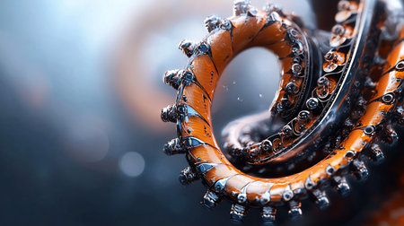 A macro shot of complex orange and chrome mechanical rings, showcasing intricate details and glossy reflections against a blurred, gradient background.の素材