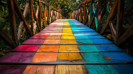 A low-angle perspective of a wooden bridge painted in rainbow colors, leading through a dense, green tropical forest. The bridge's vibrant hues contrast with the natural foliage.の素材