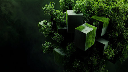Abstract composition featuring moss-covered cubes interspersed with lush greenery, creating a surreal, geometric landscape in a dark, moody ambiance. The interplay of nature and form is striking.の素材
