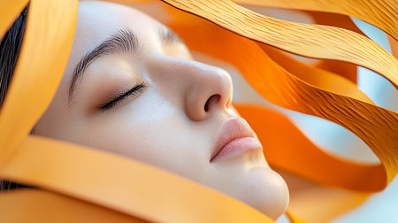 Close-up of a woman's face in repose, framed by flowing orange ribbons. Soft, diffused light enhances the skin's texture and creates a peaceful, dreamlike atmosphere.の素材