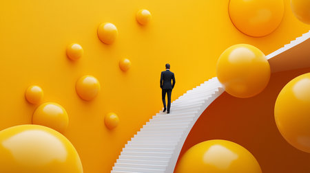 A businessman in a suit ascends a white staircase against a vibrant yellow backdrop adorned with floating spheres, symbolizing ambition, progress, and navigating challenges.の素材