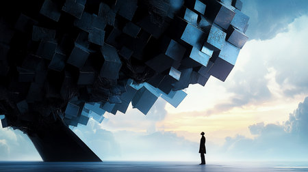 A lone figure stands on a flat plane, gazing up at a massive, abstract cloud formation composed of dark, textured cubes against a soft, ethereal sky.の素材