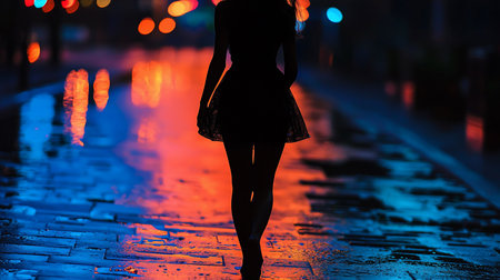 A woman's silhouette walks away on wet pavement, reflecting vibrant city lights in orange and blue hues, creating a moody and atmospheric urban scene at night.の素材