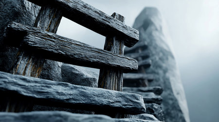 Close-up of a weathered wooden fence, its texture emphasized by soft lighting, frames a blurred stone structure in the background, shrouded in mist, creating a mysterious atmosphere.の素材