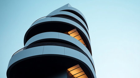 Low-angle shot of a modern building with curved balconies, showcasing its unique architectural design. Warm interior light contrasts with the cool blue sky, creating a striking visual.の素材