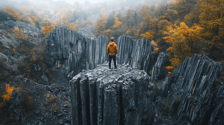 A lone man in a yellow jacket stands atop towering basalt columns, gazing out at a misty forest in autumn, creating a sense of wonder and isolation.の素材