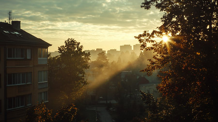 A serene cityscape bathed in golden light at sunrise. Mist hangs in the air, creating sunbeams through trees and buildings, with a building on the left and trees on the right.の素材