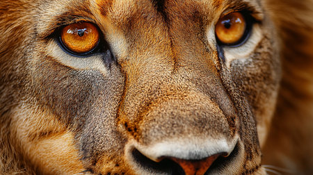 A striking macro shot captures the intense gaze of a lion, focusing on its amber eyes and the intricate details of its fur, showcasing power and beauty.の素材