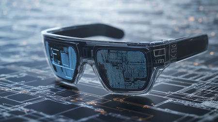 Close-up of augmented reality glasses displaying intricate data patterns, resting on a circuit board. The scene evokes a sense of advanced technology and digital integration.の素材