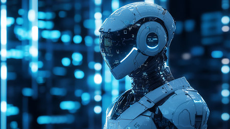 Close-up of a sleek, white robot head with a visor, set against a blurred, glowing blue cityscape. The robot's design is intricate and futuristic.の素材