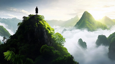 A lone silhouette stands atop a lush, green peak, overlooking a misty mountain range. The sun casts a warm glow, creating a serene and majestic landscape.の素材
