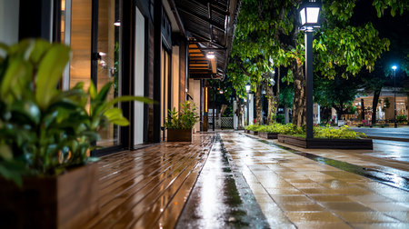 A low-angle shot captures a rain-slicked sidewalk at night, reflecting streetlights and storefronts. Lush trees and modern buildings create a serene, urban atmosphere.の素材