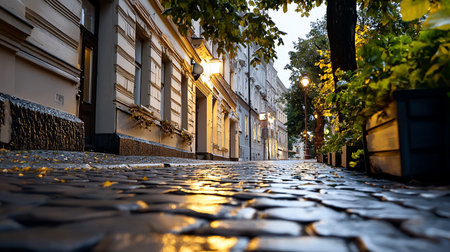 A low-angle view of a wet cobblestone street reflecting the warm glow of streetlights and building lights in a historic European city at dusk, creating a serene atmosphere.の素材