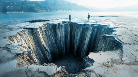 Two silhouetted figures stand on the fractured edge of a massive chasm, overlooking a distant city and lake under a hazy sky. The scene evokes a sense of isolation and contemplation.の素材