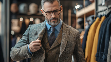 A mature, bearded man with glasses meticulously examines a tweed suit in a clothing boutique, his focused gaze suggesting careful consideration of the garment's quality and style.の素材