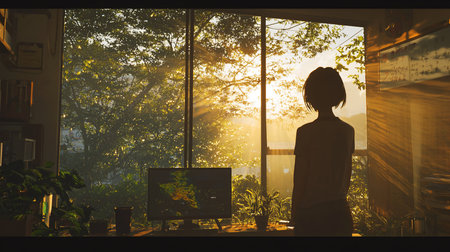 A silhouetted figure stands at a window, bathed in the warm glow of a sunrise, creating a peaceful, contemplative atmosphere in a cozy indoor setting.の素材