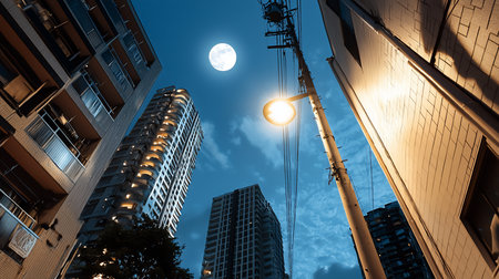 A low-angle shot captures modern buildings under a full moon, illuminated by a warm streetlight. The composition emphasizes urban architecture against the night sky.の素材