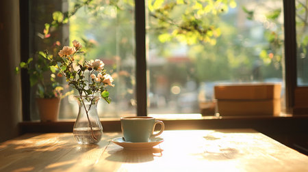 A serene moment captured with a cup of coffee and flowers in a vase, bathed in warm sunlight near a window, creating a cozy and inviting atmosphere.の素材
