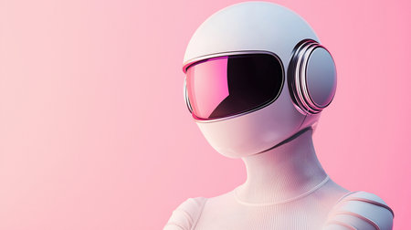 A stylized astronaut with a white helmet and pink visor stands against a soft pink background, creating a retro-futuristic and dreamy aesthetic. The image evokes a sense of wonder and exploration.の素材