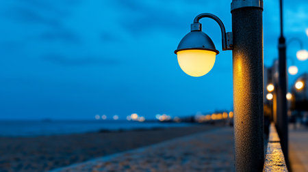 A serene beach scene at dusk, featuring a glowing globe lamp on a textured pole, with blurred city lights reflecting on the water in the background.の素材