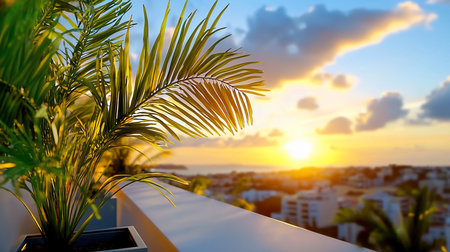 A potted palm tree on a balcony overlooks a cityscape bathed in the warm glow of a sunset. The sky is a mix of blue and orange hues, creating a serene atmosphere.の素材