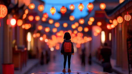 A girl with a red backpack stands on a street, gazing at numerous glowing red lanterns hanging above in a vibrant Asian town, creating a warm, festive atmosphere.の素材