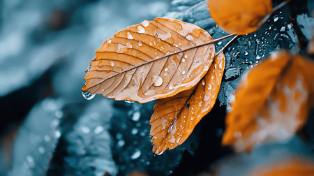 Close-up of vibrant, golden autumn leaves glistening with raindrops. The macro shot highlights intricate details and textures against a blurred, cool-toned background.の素材