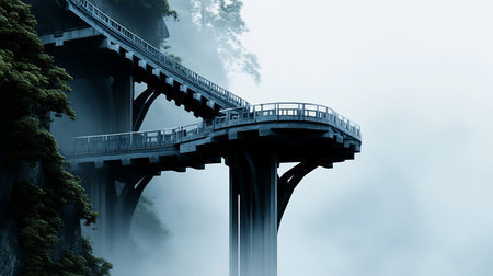 A multi-level walkway clings to a cliffside in Zhangjiajie, China, shrouded in mist. The structure's design blends with the natural landscape, creating a surreal, ethereal atmosphere.の素材