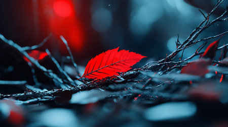 A single, vibrant red leaf rests on dark, textured branches against a blurred, cool-toned background, creating a striking contrast and moody atmosphere.の素材