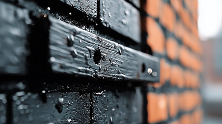 A close-up captures rain droplets clinging to dark, textured wood against a blurred brick wall, highlighting the contrast between rough and smooth surfaces in muted light.の素材