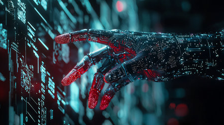A futuristic cybernetic hand, intricately designed with circuit patterns, reaches towards a digital interface displaying data streams.の素材