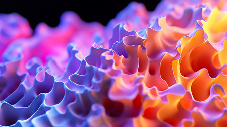 Abstract rendering of fluid, wave-like forms in vibrant pink, orange, and purple hues against a dark background. The composition creates a sense of depth and movement.の素材
