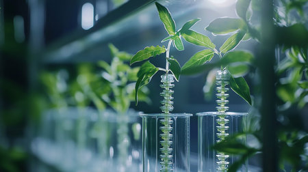 Close-up of basil sprouts growing hydroponically in clear beakers with spiral support structures. Soft, diffused light highlights the green leaves and transparent containers.の素材