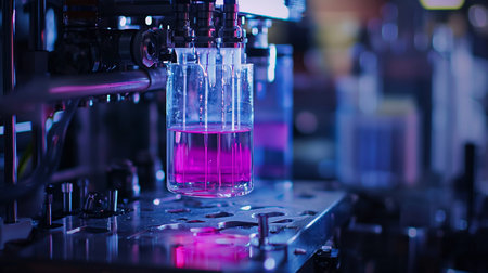 Close-up of a robotic arm holding a beaker filled with pink liquid in a laboratory setting. The scene is bathed in blue and pink light, creating a futuristic atmosphere.の素材